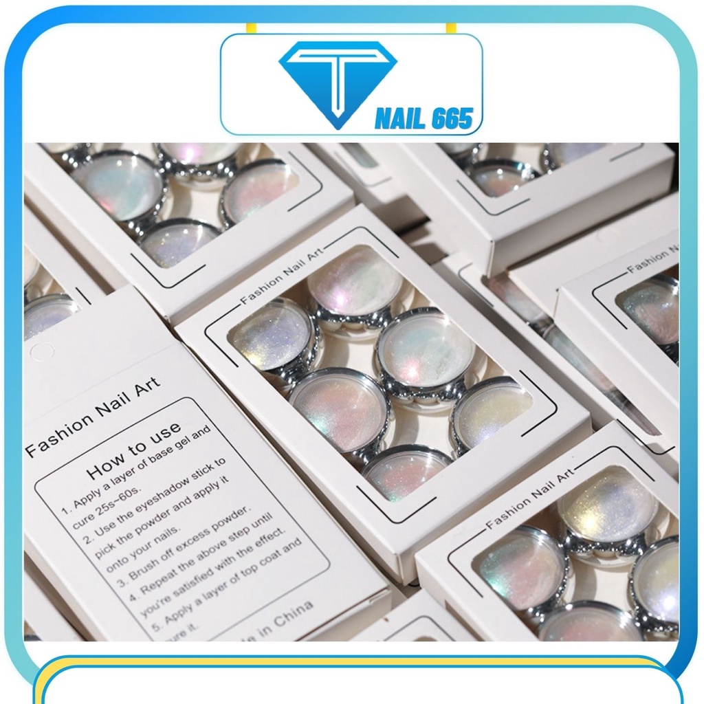 Sét tráng gương ánh ngọc trai trang trí móng , Bột nhũ tráng gương set 6 hũ
