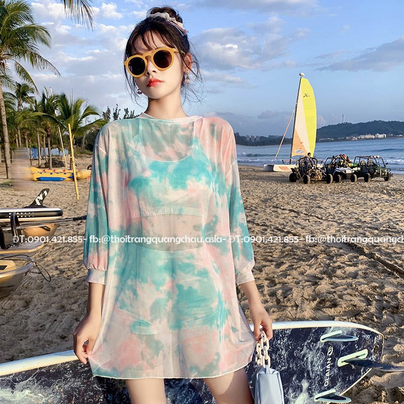 (Hàng Nhập-Ảnh thật) Đồ Bơi 3 Mảnh, Set Bikini có áo mặc ngoài Phong cách loang lổ Tie-Dye #8277