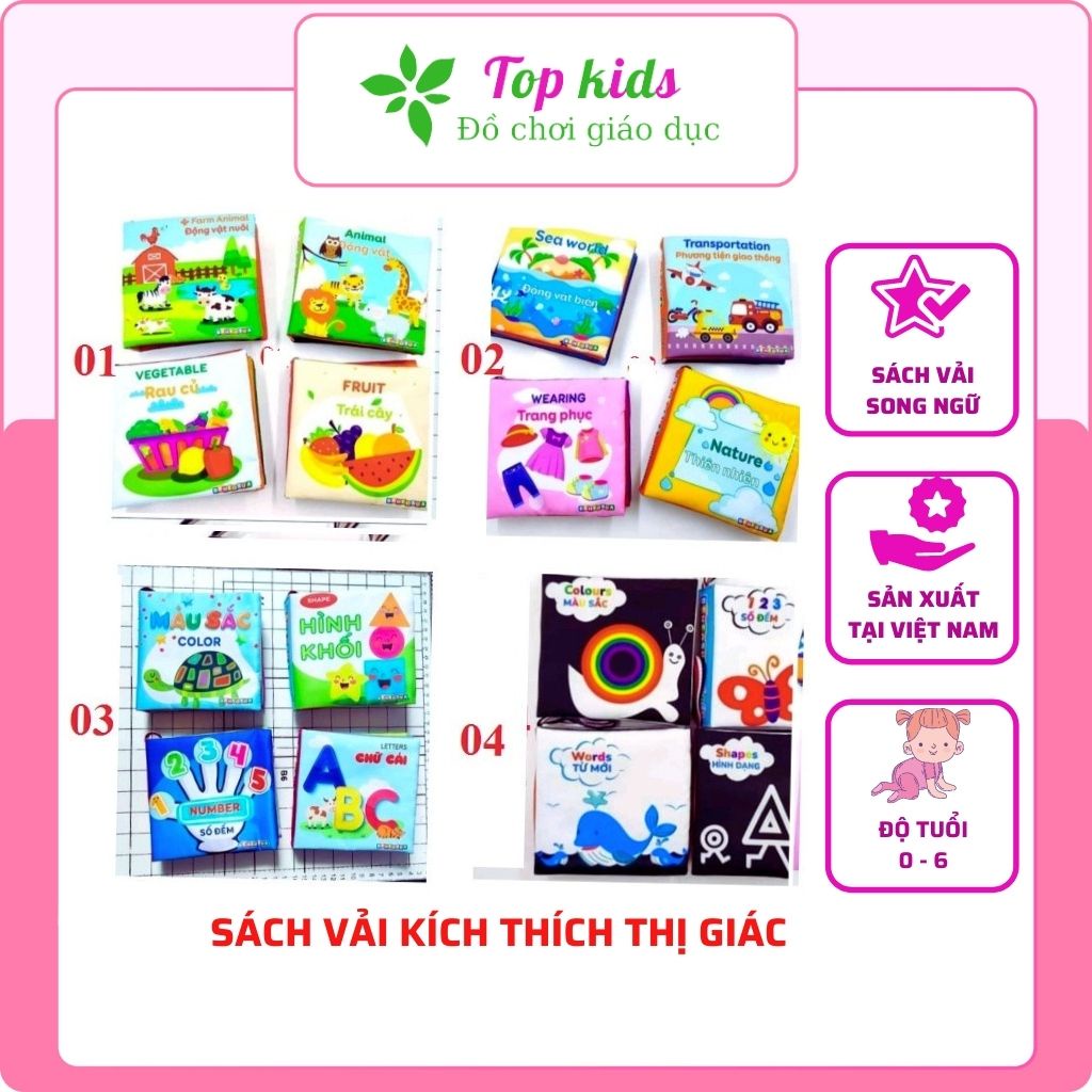 Sách vải cho bé sơ sinh 1 2 3 4 5 6 tuổi đồ chơi thông minh giáo dục sớm montessori song ngữ kích thích thị giác TOPKIDS