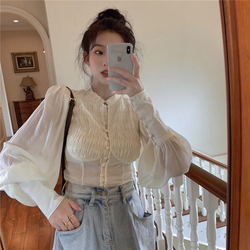 Áo sơ mi tay dài phối bèo nhún phong cách cổ điển kiểu Pháp | BigBuy360 - bigbuy360.vn