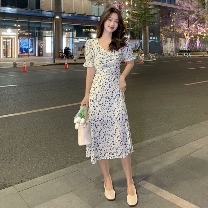 Đầm Hoa Xanh Thời Trang Mùa Hè Phong Cách Hàn Quốc Cho Nữ