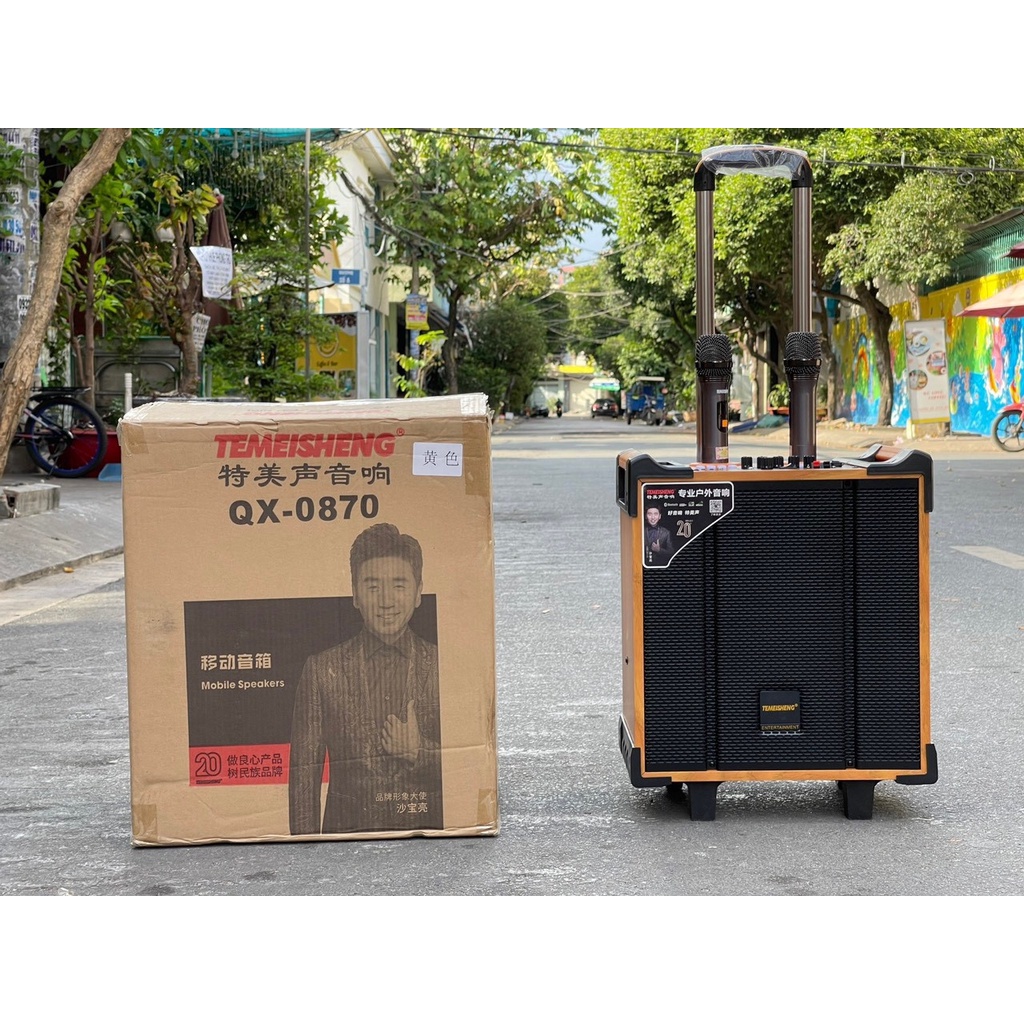 Loa xách tay Temeisheng QX-0870 - Loa kéo di động bass 3 tấc - Tặng kèm 2 micro không dây UHF - Đầy đủ kết nối bluetooth