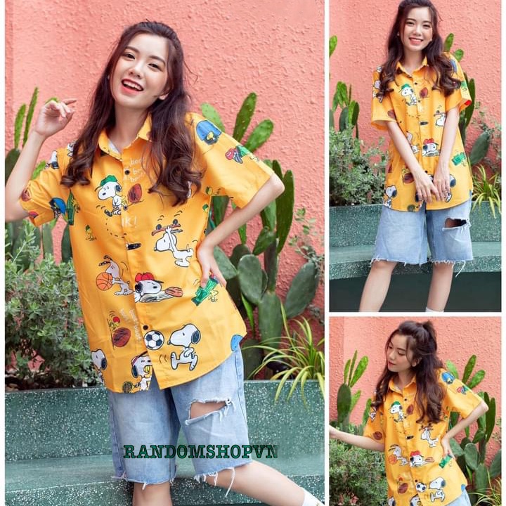 Áo sơ mi hoạt hình đi biển chất liệu kate lụa thích hợp mặc áo nhóm, áo lớp sơ mi