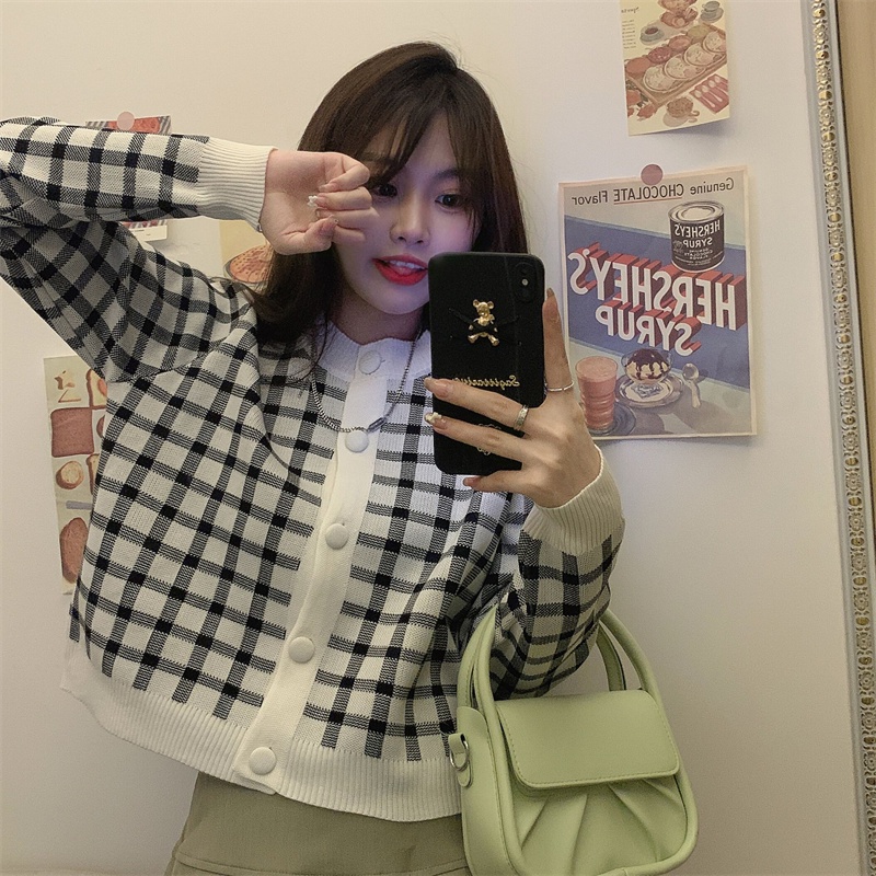Áo khoác cardigan dệt kim dáng ngắn họa tiết sọc caro phong cách retro Hàn Quốc cho nữ