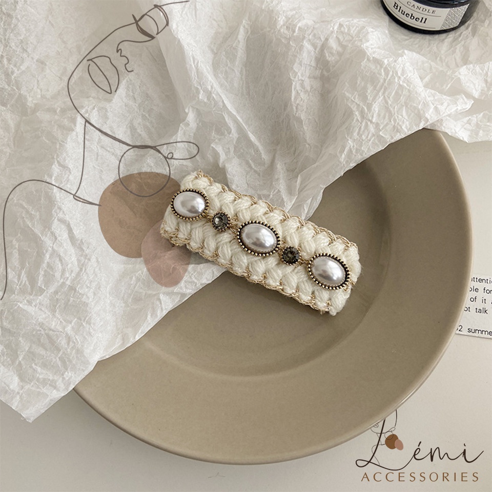 Kẹp tóc nhung đính ngọc trai nhân tạo, dễ phối đồ, 2 màu đen trắng, phong cách hàn quốc, Lemi Accessories