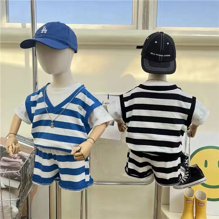 Set Đồ Thể Thao Mùa Hè 22 Món Gồm Áo Thun Tay Cộc Giả Hai Mảnh + Quần Ngắn Kẻ Sọc Màu Tương Phản Phong Cách Hàn Quốc Cho Bé Trai / Bé Gái