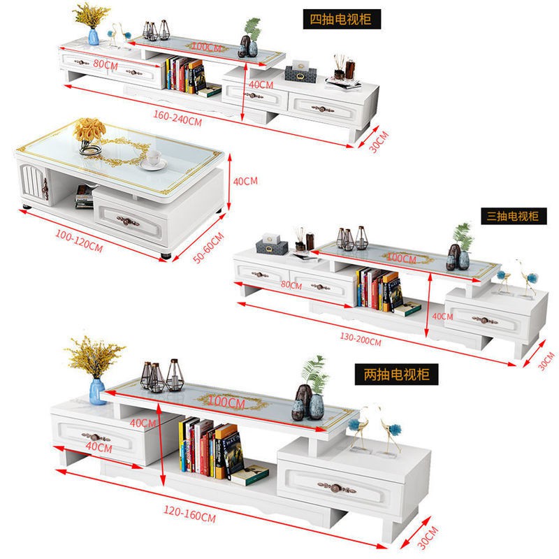 Bộ bàn trà tủ tivi, kính cường lực phòng khách căn hộ nhỏ, tivi đơn giản hiện đại có thể thu vào