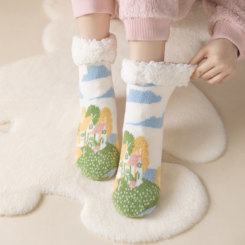 Xiangbao Vớ Lông Cừu Giả Dày In Hình Phong Cảnh Làng Quê Đầy Màu Sắc Giữ Nhiệt Mùa Đông Cho Nữ