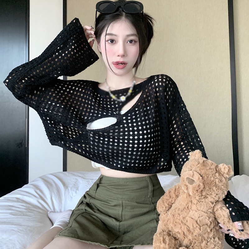 Áo Lưới Croptop Tay Dài Cổ Tròn Chống Nắng Xuyên Thấu Gợi Cảm Cho Nữ