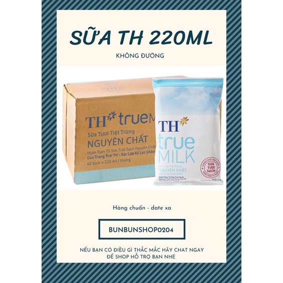 Thùng sữa TH true milk nguyên chất (không đường) bịch 220ml 48 bịch
