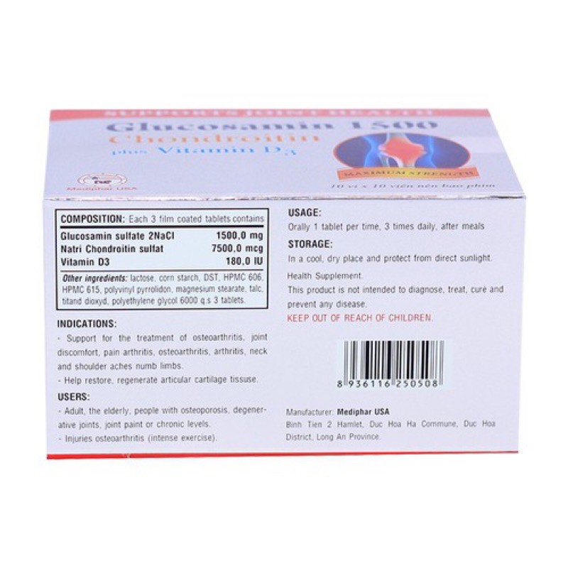 Glucosamin 1500 Chondroitin plus vitamin D3 Mediphar USA - Hộp 100 viên