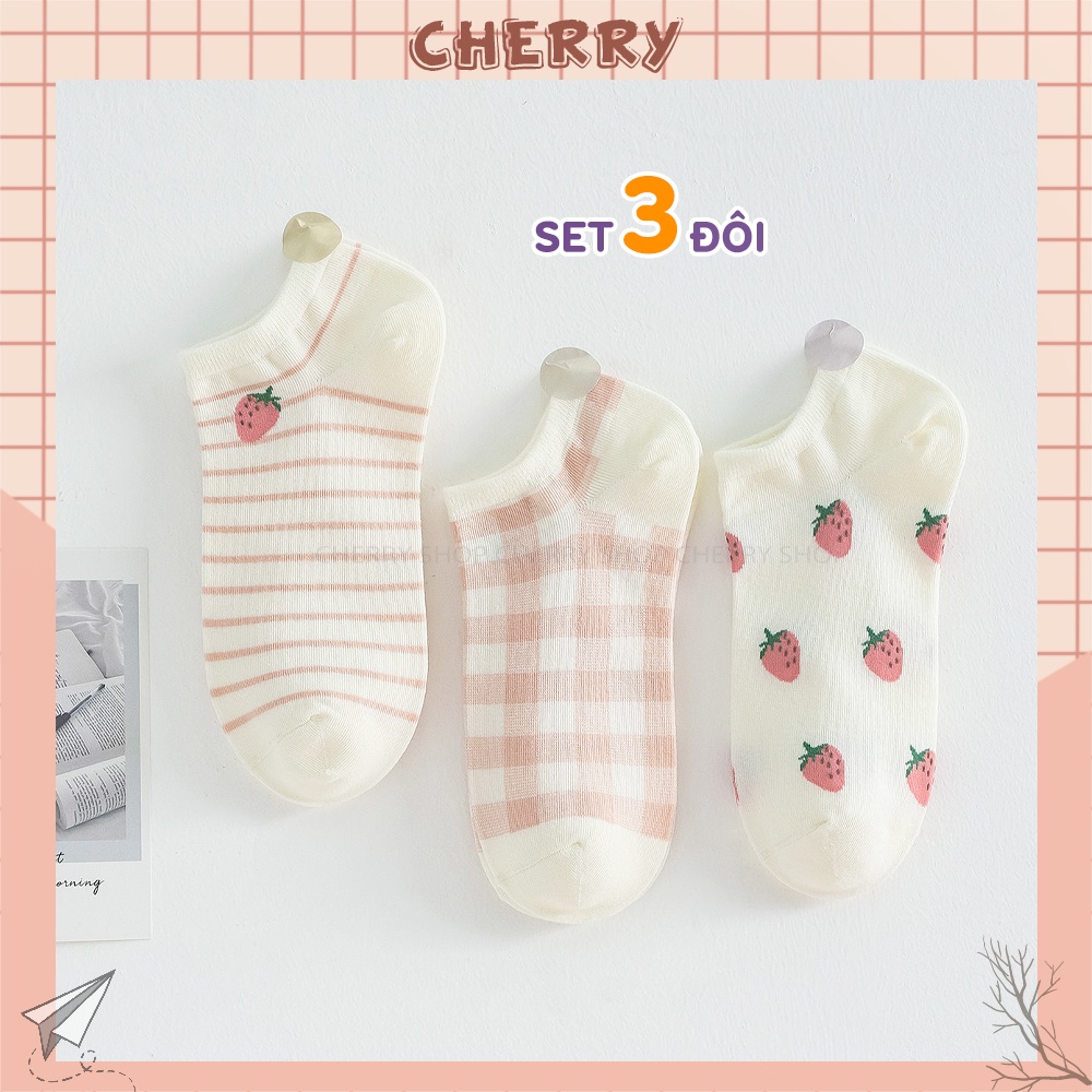 [Mã FAMARAL1 giảm 10K đơn 50K] Tất cổ ngắn nữ chất vải thoáng khí, set 3 đôi vớ hồng dễ phối đồ - Cherry Shop