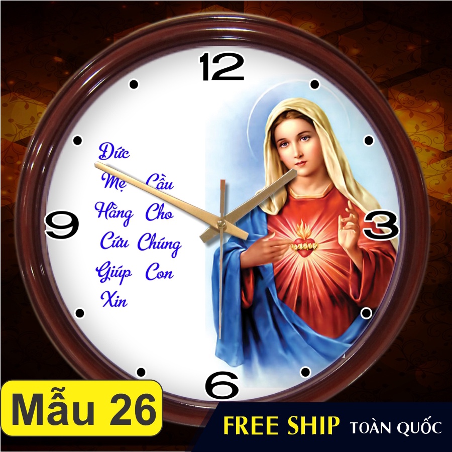 Đồng Hồ Treo Tường Cao Cấp - Mẫu 26 - Đức Mẹ Maria, Mẹ ban ơn, Nữ vương ban sự bình an - Quà tặng Công Giáo