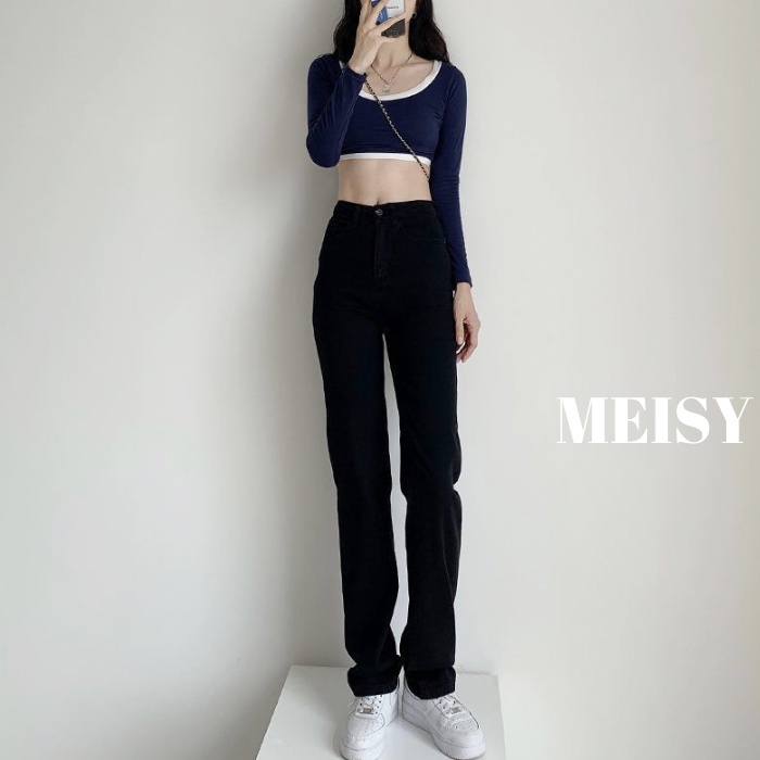 Quần jeans co giãn cạp lưng cao ống suông màu đen Meisy