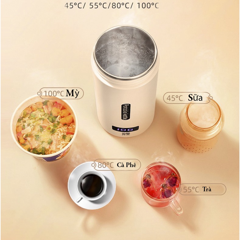 Bình đun nước cốc đun nước mini du lịch pha sữa hầm thuốc nấu ăn mang bệnh viện 400-500ml có hiển thị nhiệt độ kèm phích