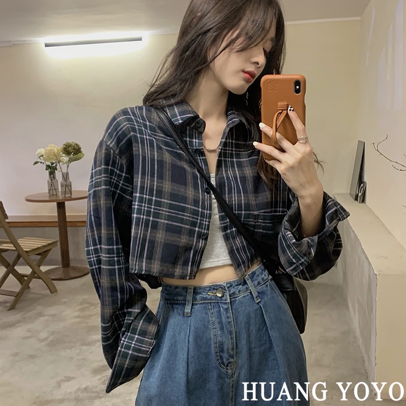 HUANG YOYO Áo Sơ Mi Caro Tay Dài Thời Trang Dành Cho Nữ