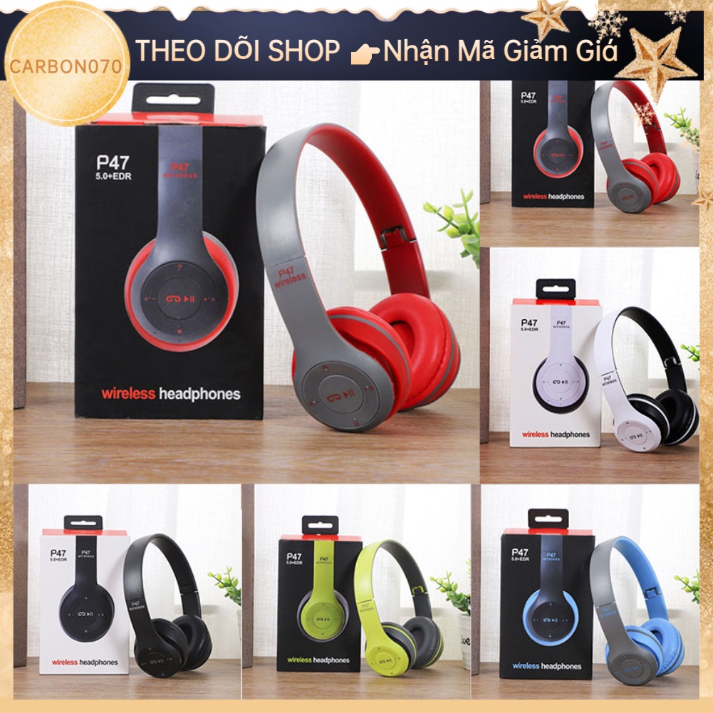 Hàng Sẵn Tai Nghe Chụp Tai Bluetooth P47 Có thể gập lại không dây tiện dụng Âm Bass Cực Chất【Carbon070】