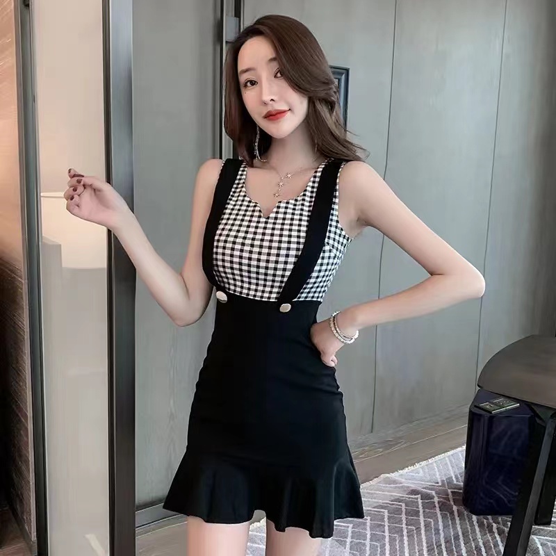Đầm Nữ Giả Hai Lớp Cổ Chữ V Kẻ Sọc Caro Phong Cách Hàn Quốc Mới