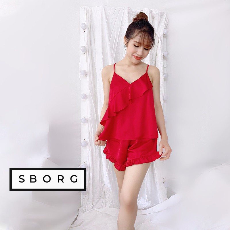 Đồ ngủ lụa SBORG bộ mặc nhà lụa satin cao cấp áo 2 dây sexy viền bèo xéo cute quần đùi freesize dưới 55kg quà tặng vợ