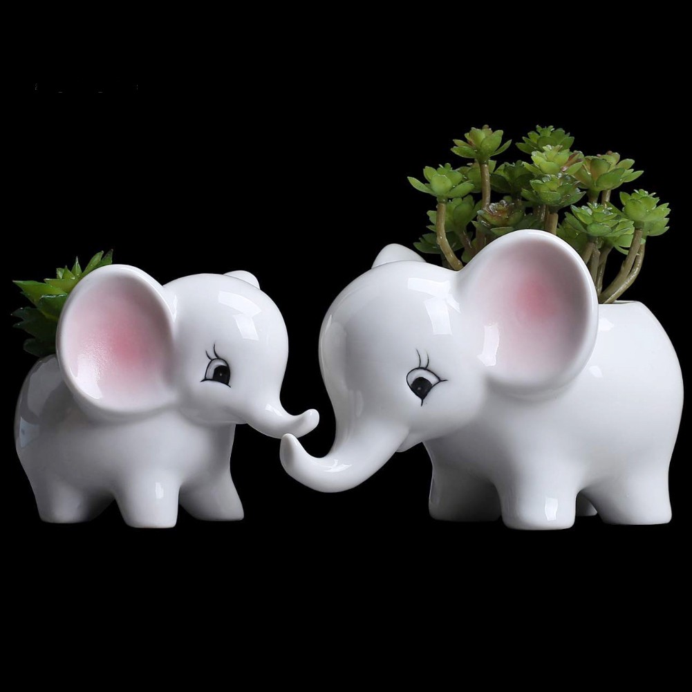 Set 2 chậu trồng cây cảnh bằng sứ hình chú voi đáng yêu phù hợp cho trang trí