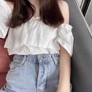 Áo croptop trễ vai bèo tầng ôm thun eo WHITO TOP