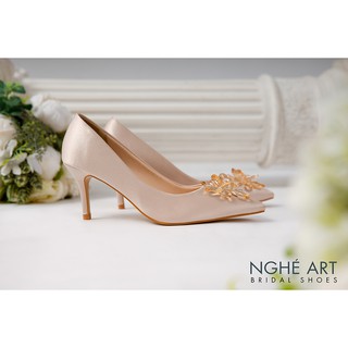 Giày cưới Nghé Art lụa satin đính hoa đá 350-NUDE