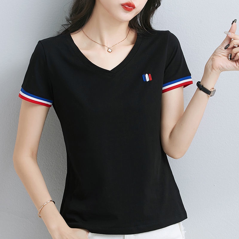 Áo Thun Cotton Mỏng Tay Ngắn Cổ Chữ v Thêu Họa Tiết Thời Trang Mùa Hè Mới Cho Nữ