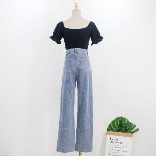 Áo croptop tay ngắn bồng - Quần jeans ống thụng Rose BLACKPINK cạp cao kiểu trẻ bó eo tôn dáng