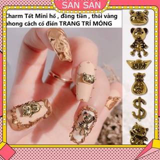 Charm Tết đồng đính móng, charm kim loại họa tiết hổ, mèo thần tài trang trí móng