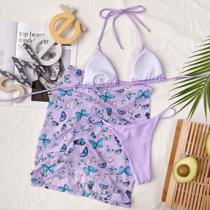 Bộ bikini 3 mảnh in họa tiết bươm bướm quyến rũ thời trang cho nữ