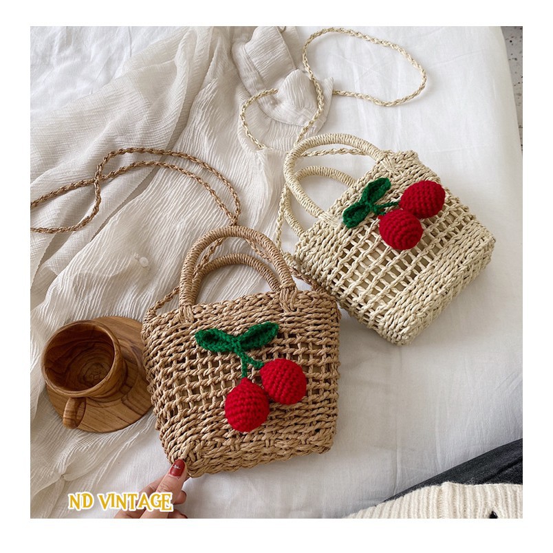 Túi Cói Đi Biển Đeo Chéo, Gắn Quả Cherry, Có Dây Rút Giữ Đồ, Shop Tặng Kèm Nơ Xinh Xắn | BigBuy360 - bigbuy360.vn