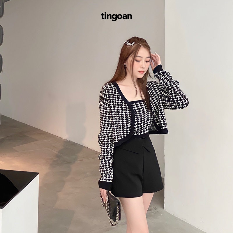 TINGOAN® - Áo set len xù cardigan lửng tặng kèm áo hai dây kẻ caro đen HAPPY MOOD CARDIGAN/BL