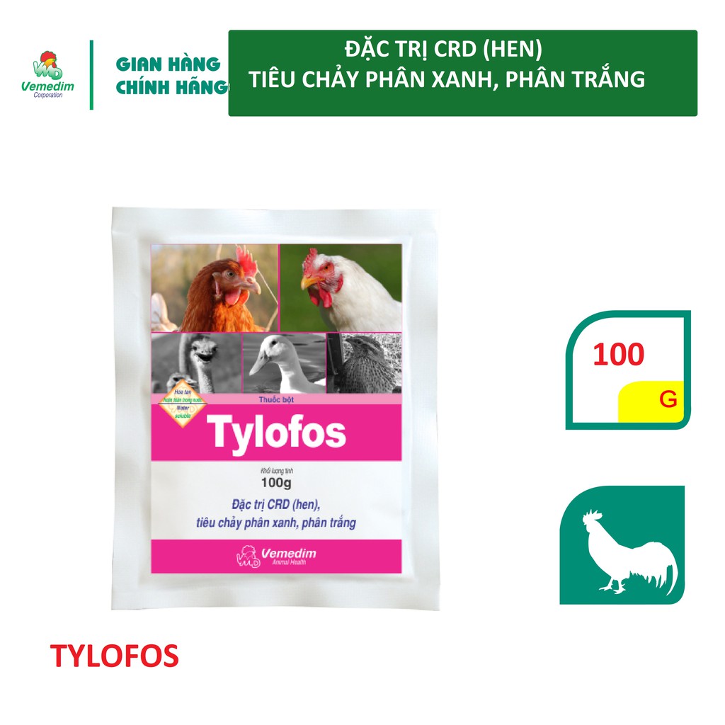 Vemedim Tylofos dùng cho gà, vịt bị hen, CRD, phân xanh, phân trắng, gói 100g