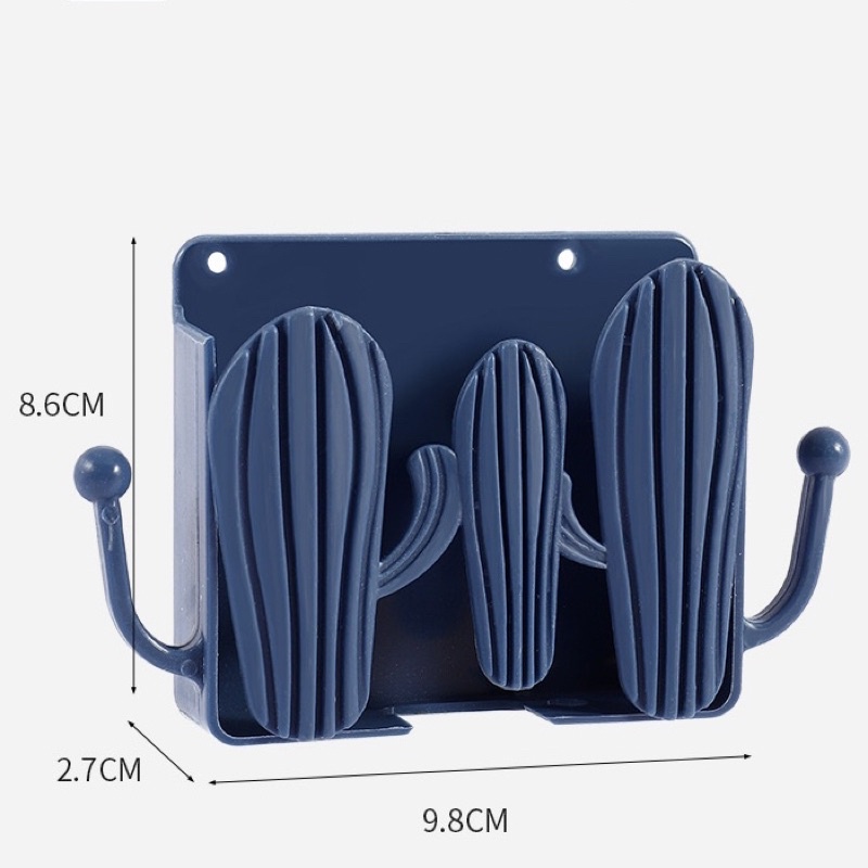 Kệ đựng điện thoại, điều khiển remote dán tường hình 3 cây xương rồng có lỗ cắm sạc và có 2 móc treo phụ kiện tiện lợi