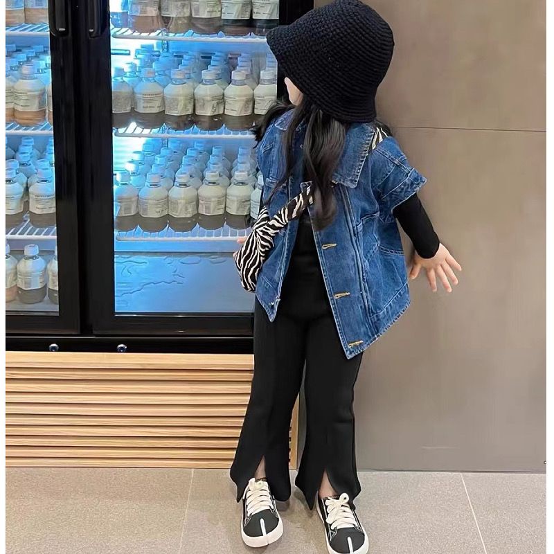 [Hàng Có Sẵn] Set Áo Sơ Mi Và Áo Khoác Denim Không Tay Dáng Rộng Dễ Phối Đồ Hợp Thời Trang Xuân Thu Cho Bé Gái