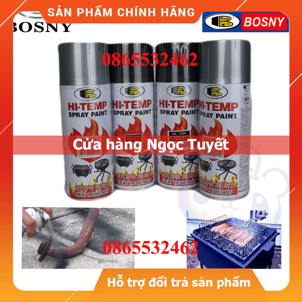 Sơn chịu nhiệt độ cao, sơn xịt chống cháy, sơn pô xe, lốc máy, sơn lò nướng, bếp gas (HI-TEMP) dung tích 400ml - Bosny
