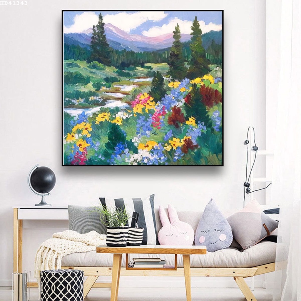 Tranh canvas treo tường thiên nhiên hoa lá  giả sơn dầu 70 x 70 cm