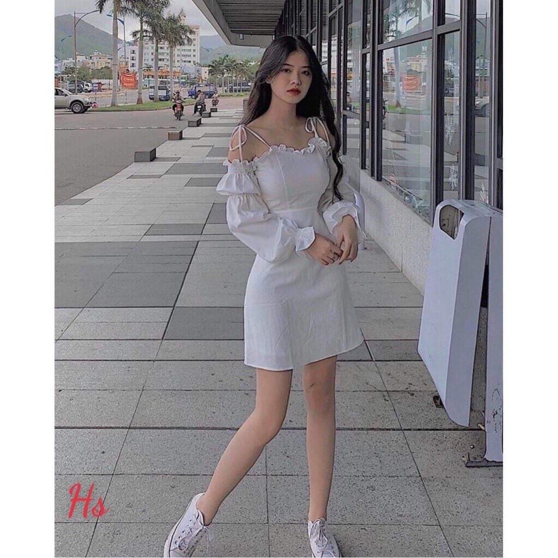 Đầm Nữ Trễ Vai Buộc Dây Tay Phồng 🦋 Váy Nữ Chất Đũi Cột Dây Ngực Bèo 2 Màu 🦋 | BigBuy360 - bigbuy360.vn