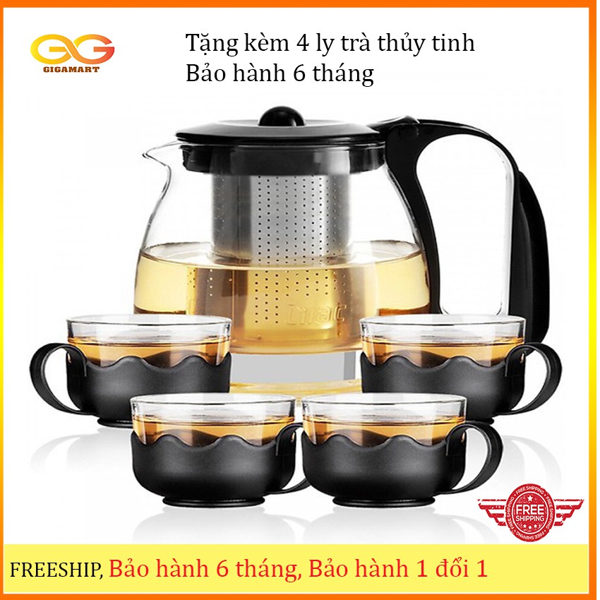 Bộ ấm pha trà thủy tinh, lưới lọc inox- Tặng kèm 4 cốc thủy tinh bọc chống nóng