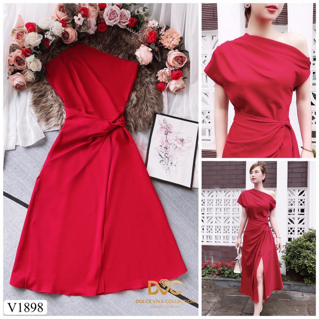 Váy đầm thiết kế dáng xòe lụa tơ Nhật lệch vai váy eo dáng xẻ tà sang trọng V1898 ADELASHOP [kèm ảnh thật]