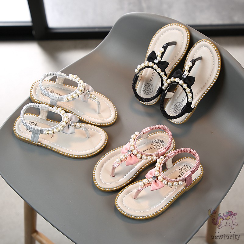 Giày sandal xỏ ngón đính ngọc trai phối nơ phong cách Hàn Quốc cho bé gái