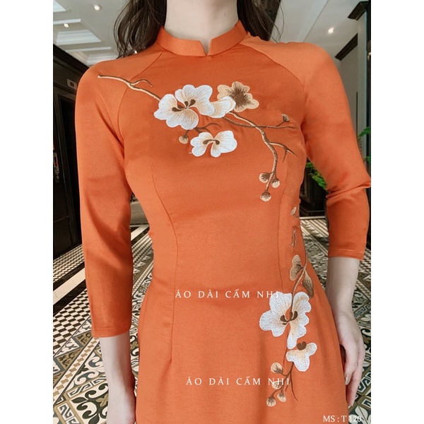 Áo dài Cam thêu cành hoa, Áo dài Lụa tây thi mã T120
