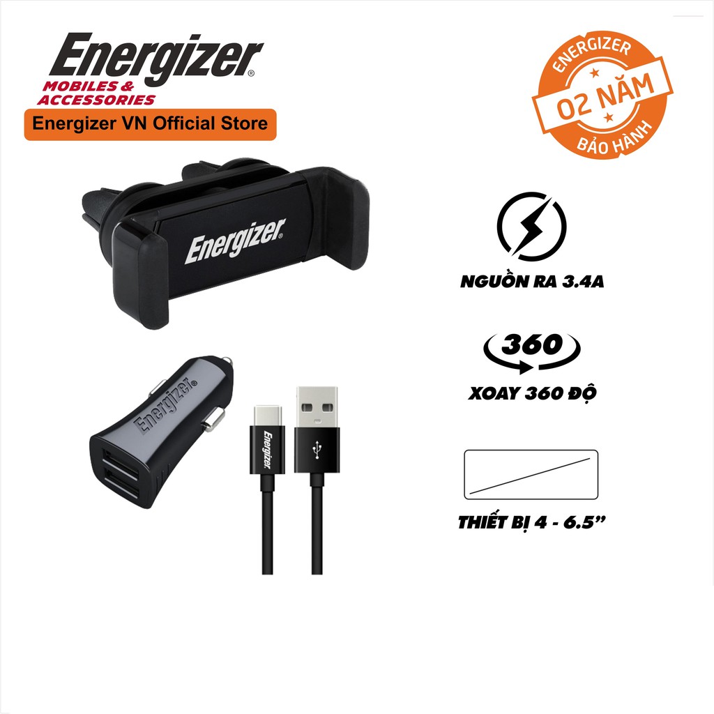 [Mã ELMALLCOIN hoàn 8% xu đơn 499K] Sạc xe hơi Energizer 2 cổng USB 3.4A - CKITB2CC23 - Kèm cáp USB Type C và giá đỡ