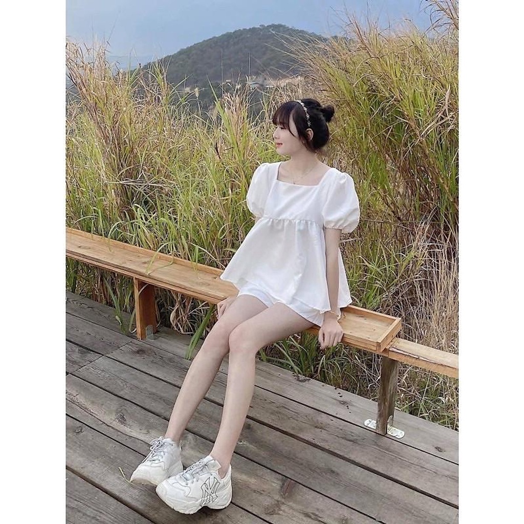 Set babydoll cộc tay thô lụa phối dây lưng - Bộ đồ hè quần short áo kiểu bánh bèo tiểu thư màu trắng mặc đi biển ulzzang