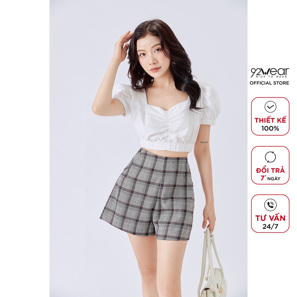 Áo sơ mi kiểu croptop 92WEAR chun eo tay ngắn bồng cá tính ASW1164