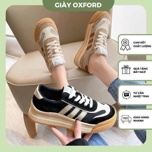 Giày sneaker nữ độn đế, giày thể thao nữ phối da 3 sọc be đen phong cách hàn quốc basic êm chân C1010