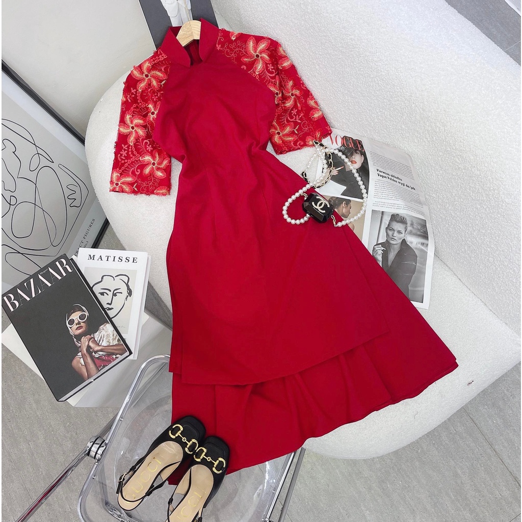 SET ÁO DÀI ĐỎ TAY LỬNG THÊU HOA + CHÂN VÁY