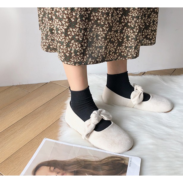 𝖙𝖍𝖊 𝖇𝖑𝖚𝖊 - CÓ SẴN Giày búp bê quai nơ da lộn phong cách nữ sinh Hàn Quốc