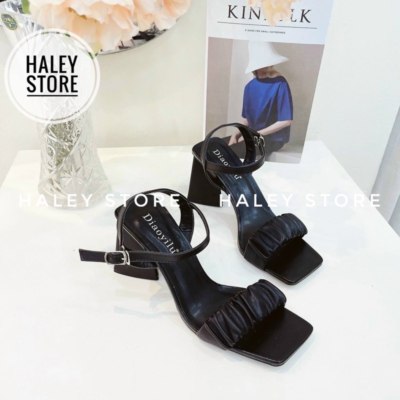 Giày sandal nữ HALEY STORE quai ngang nhún nhúm bèo gót tam giác thời trang rẻ bền đẹp phong cách tiểu thư sang trọng