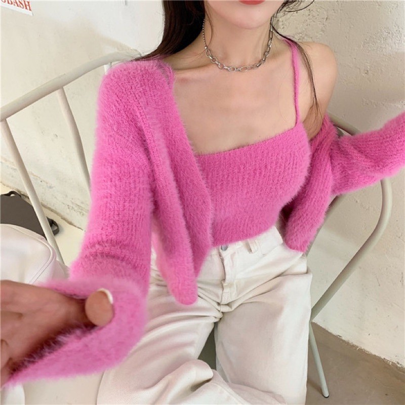 Set áo 2 dây + áo khoác lông hồng/trắng xinh xắn phong cách thu đông